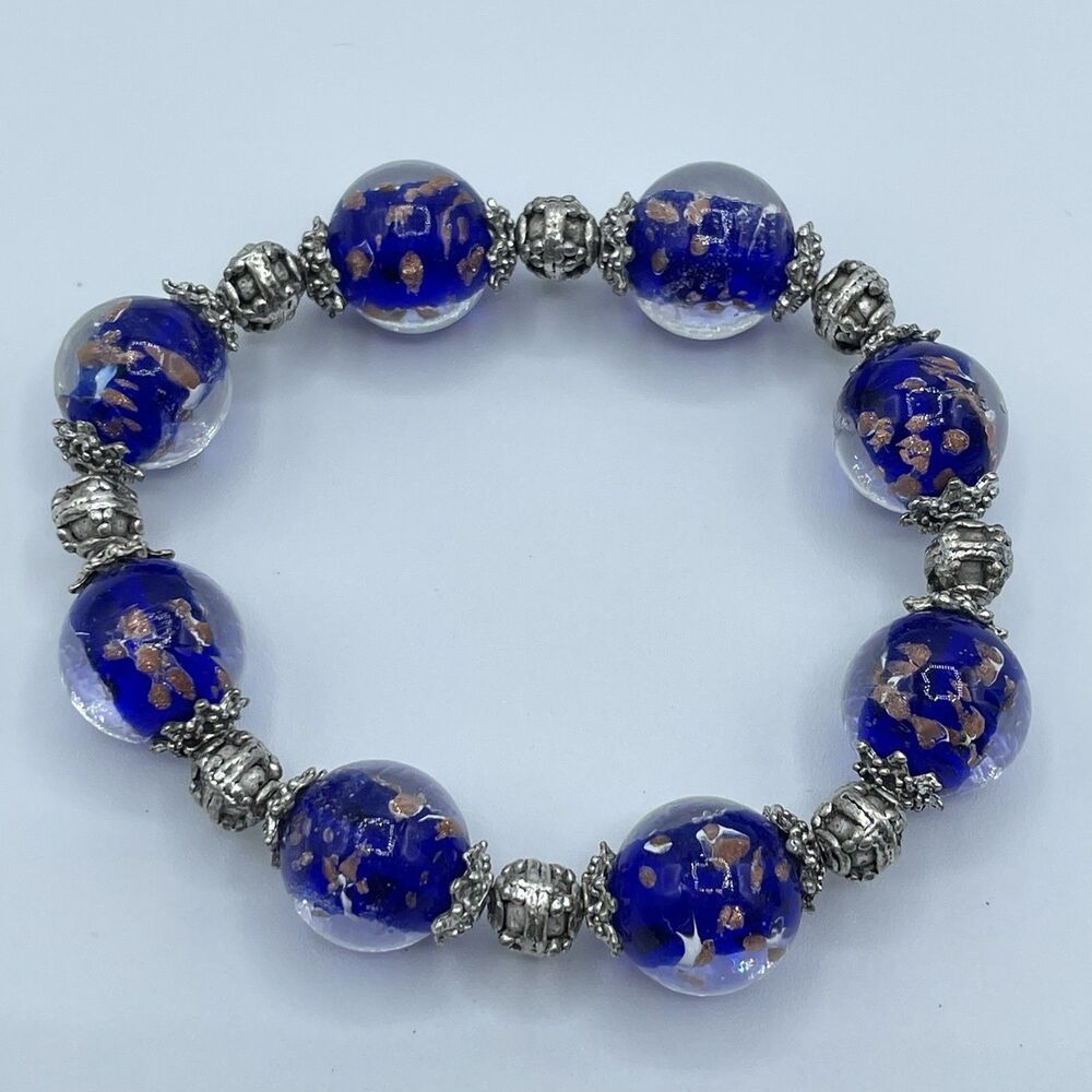 Stunning Silver Tone Blue Gold Shimmer Murano Glass Beaded Stretch Bracelet Boho